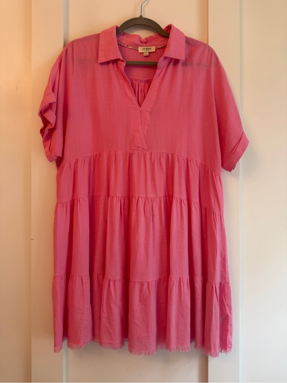 Umgee Hot Pink Tiered Short Sleeve Dress